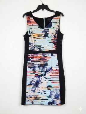 WORTHINGTON Floral Geometric Sheath Dress 10 Blue Black Pink Slimming Contour 👗